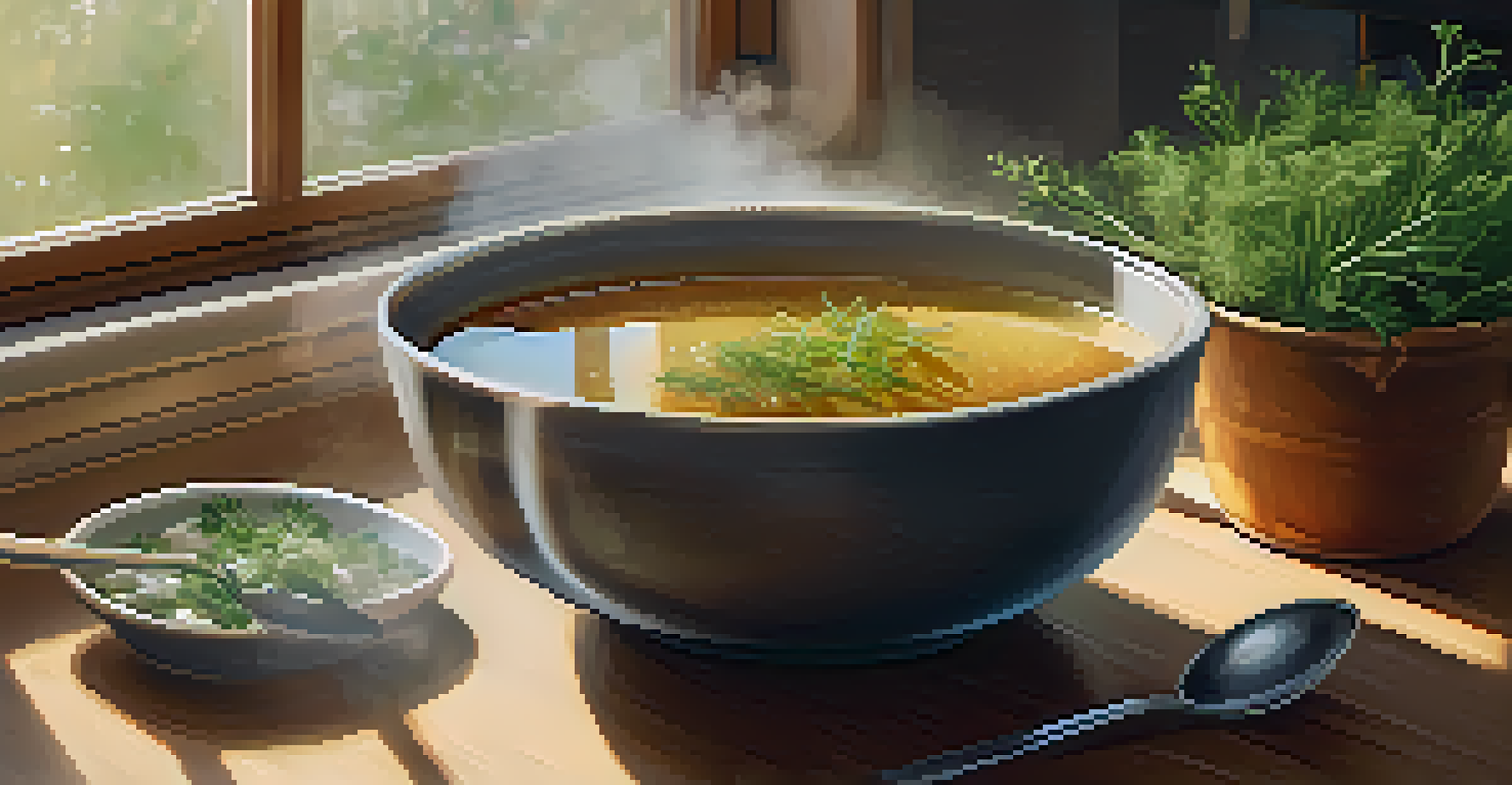 A bowl of homemade bone broth with herbs on a kitchen countertop illuminated by soft sunlight.