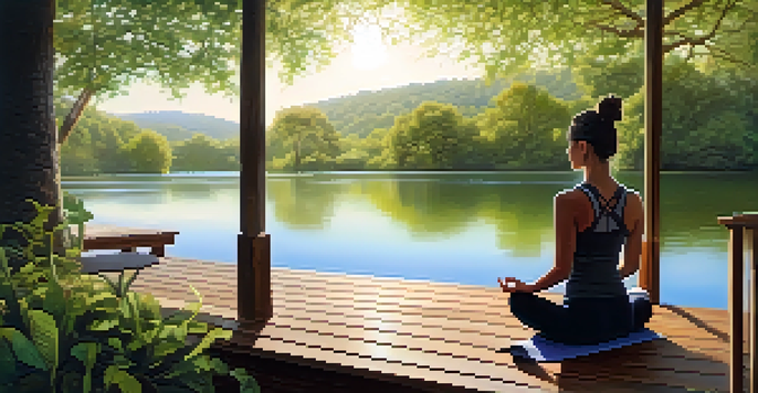 A person practicing yoga on a wooden deck by a tranquil lake, surrounded by green trees and soft sunlight.