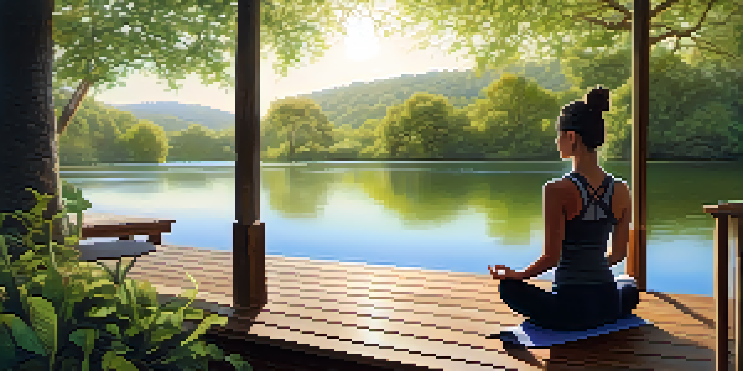 A person practicing yoga on a wooden deck by a tranquil lake, surrounded by green trees and soft sunlight.