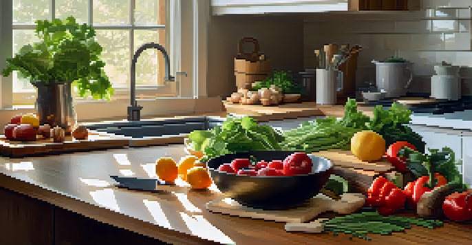 A peaceful kitchen with fresh vegetables, leafy greens, and walnuts on a wooden countertop, illuminated by soft morning light.