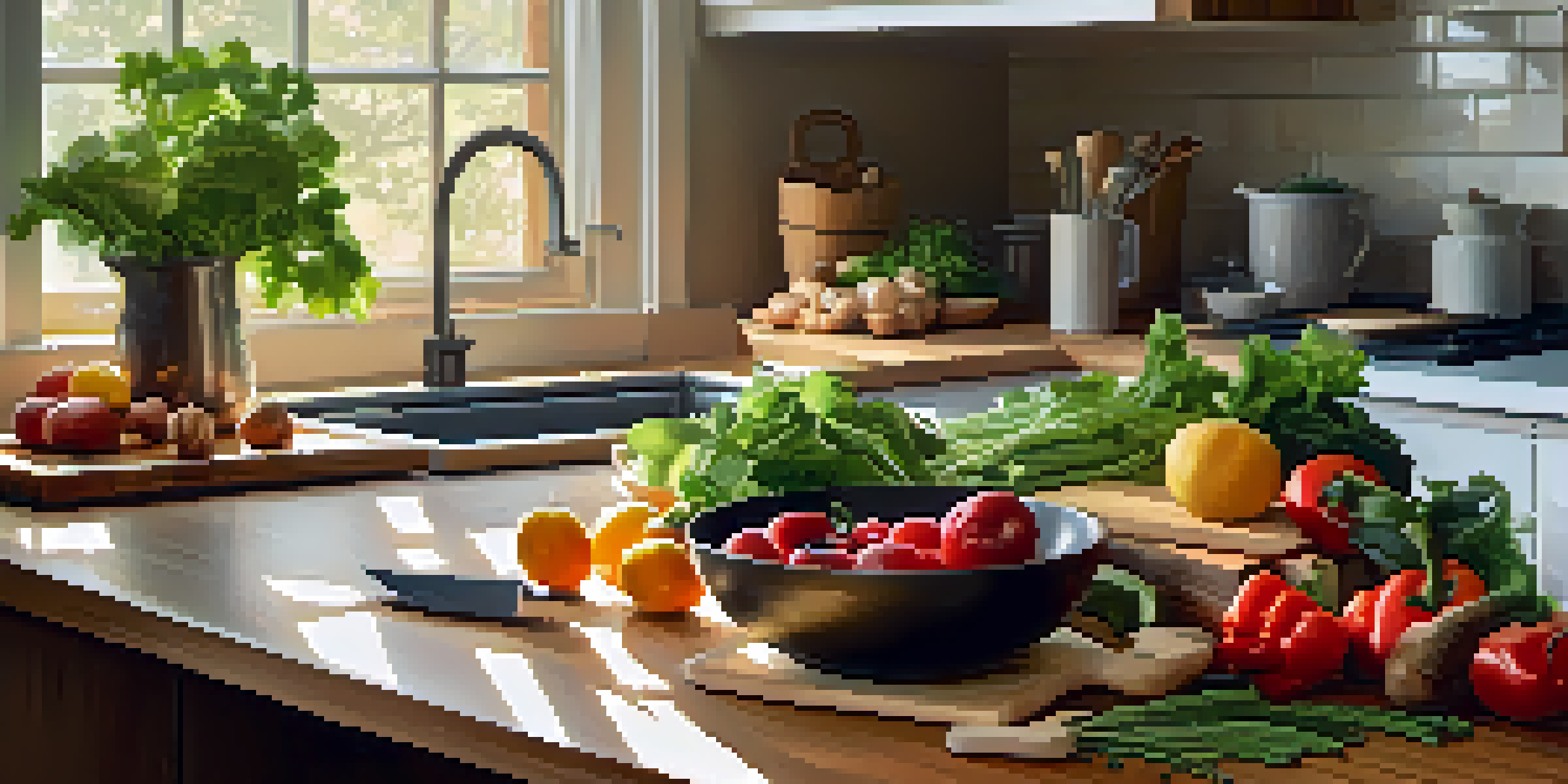 A peaceful kitchen with fresh vegetables, leafy greens, and walnuts on a wooden countertop, illuminated by soft morning light.