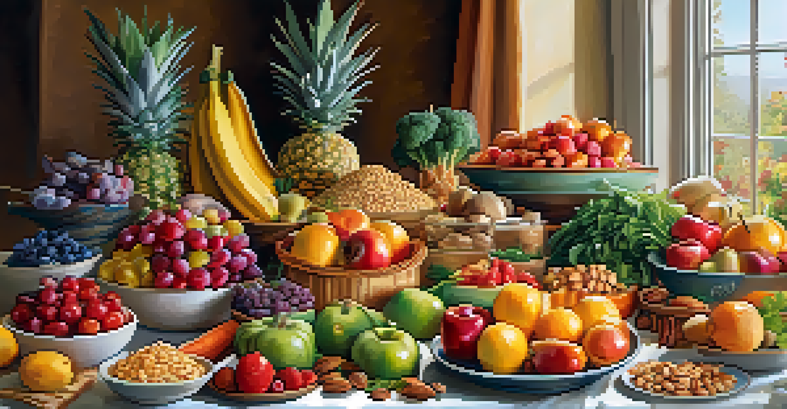 A colorful table filled with fresh fruits, vegetables, nuts, and grains, beautifully arranged to highlight nutritional diversity.