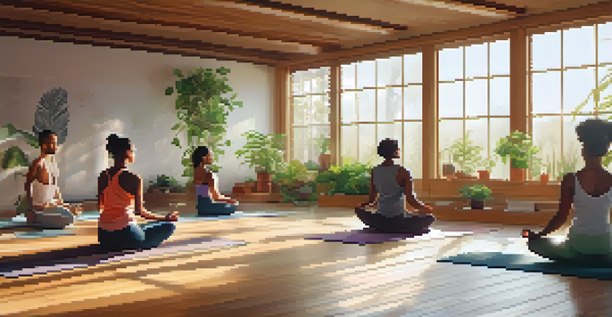 A diverse group of individuals practicing yoga in a sunlit room filled with plants, showcasing mindfulness and serenity.
