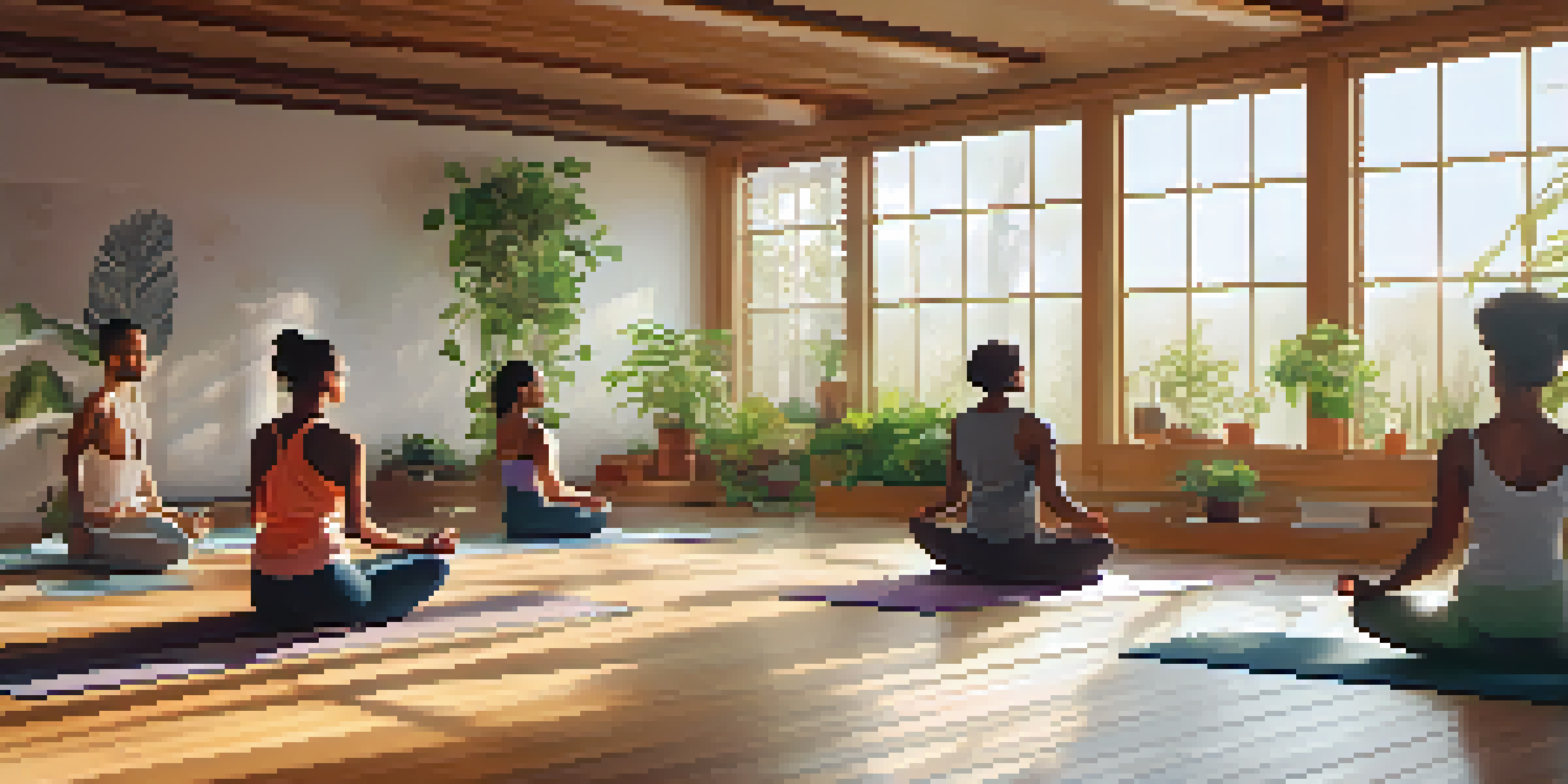 A diverse group of individuals practicing yoga in a sunlit room filled with plants, showcasing mindfulness and serenity.