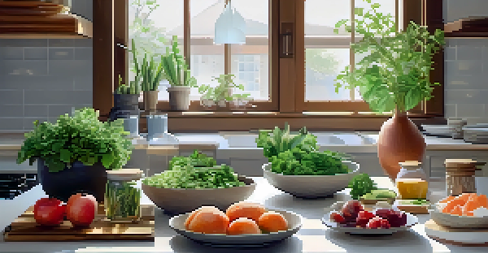 A bright kitchen with fresh ingredients on a wooden table, including salmon, leafy greens, and fruits, with a potted plant in the background.