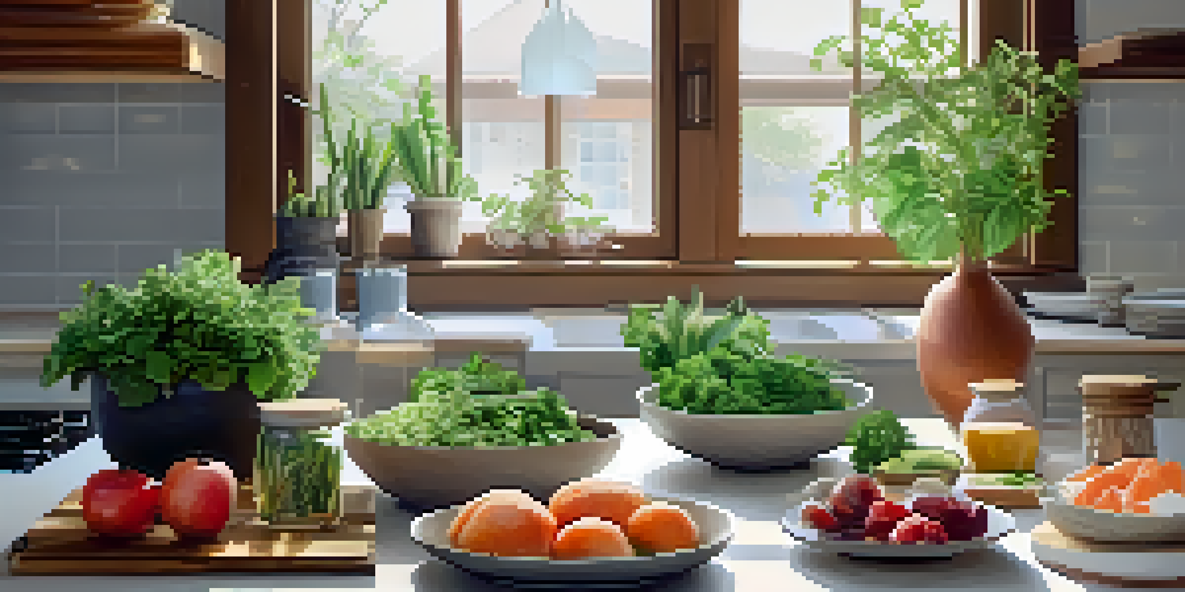 A bright kitchen with fresh ingredients on a wooden table, including salmon, leafy greens, and fruits, with a potted plant in the background.