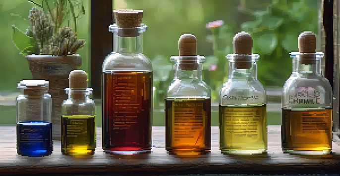 A wooden table with various dark glass bottles of herbal tinctures, each labeled with the names of different herbs, illuminated by soft natural light.