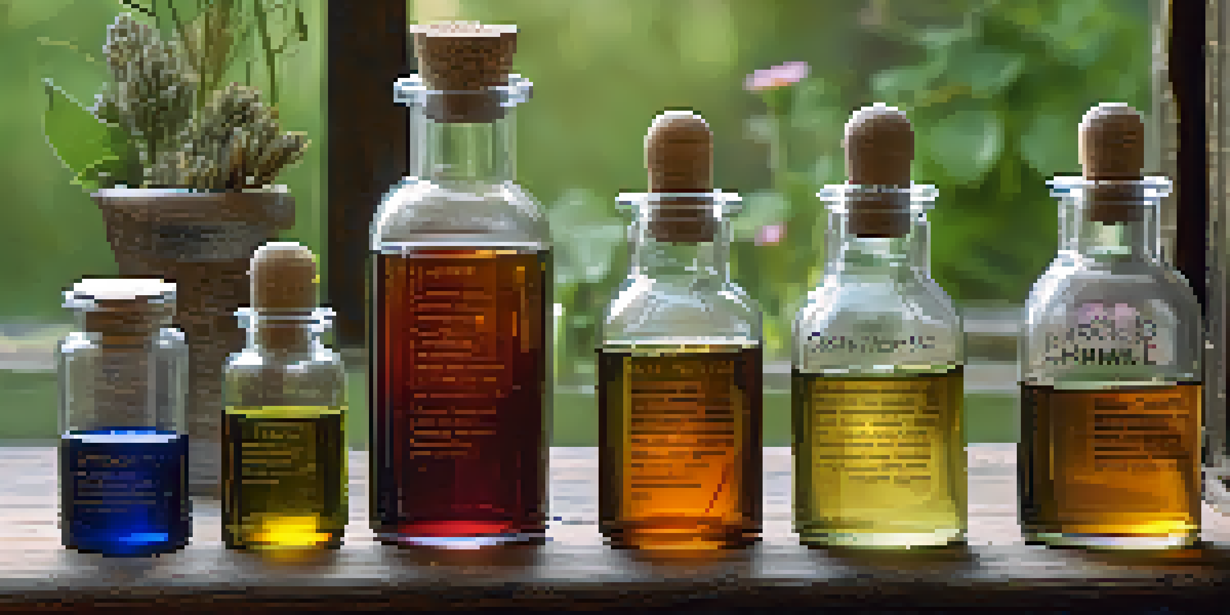 A wooden table with various dark glass bottles of herbal tinctures, each labeled with the names of different herbs, illuminated by soft natural light.