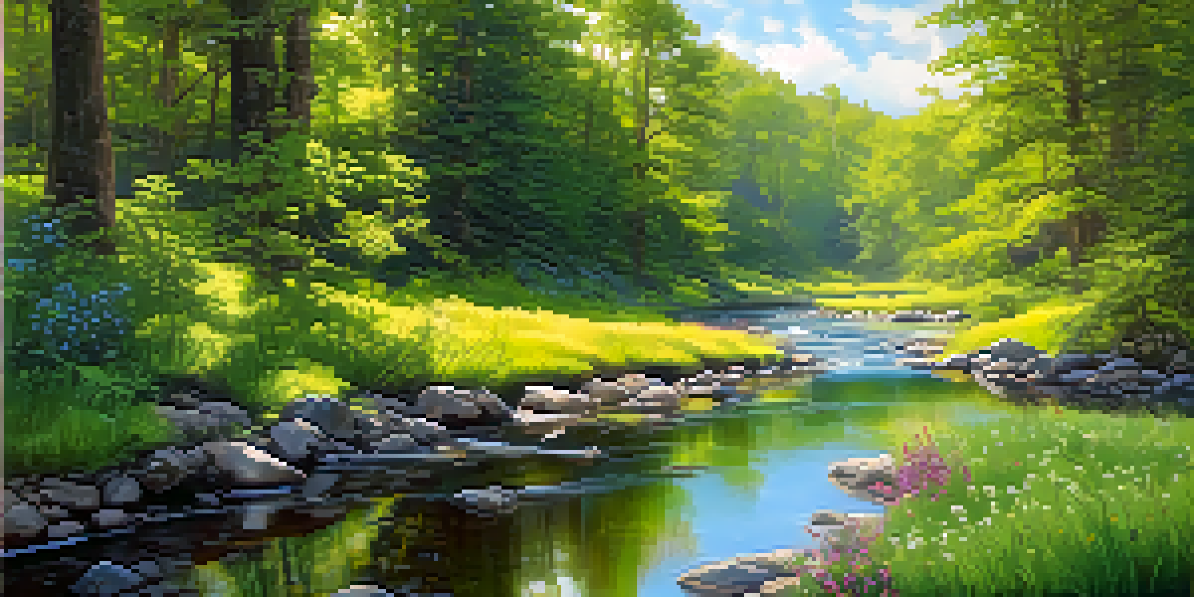 A peaceful forest scene with sunlight shining through the trees and a gentle brook flowing, surrounded by green leaves and colorful wildflowers.