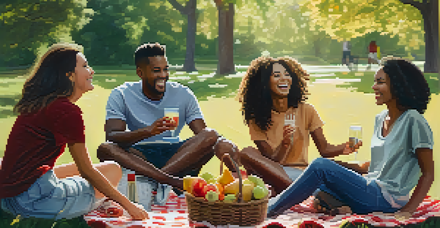 A group of friends having fun in a park, sitting on a picnic blanket with food and drinks, surrounded by greenery.