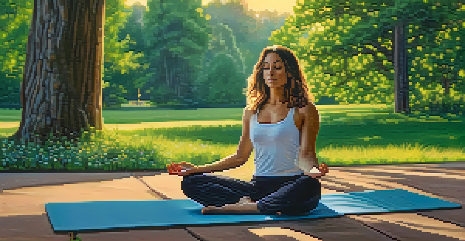 A person practicing yoga in a green park during sunset, surrounded by nature.