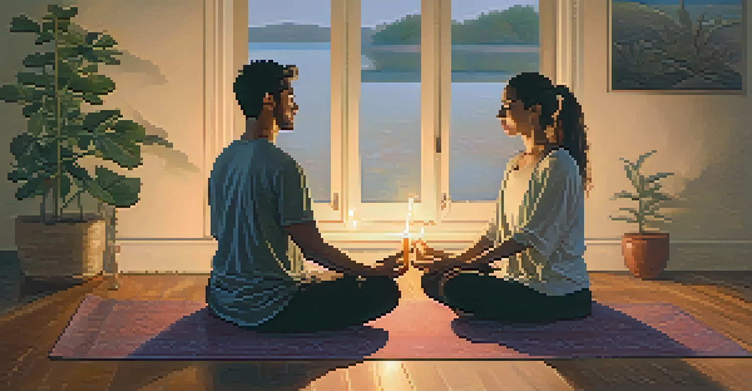 A couple meditating together in a softly lit room, sitting cross-legged on yoga mats, holding hands and looking serene.