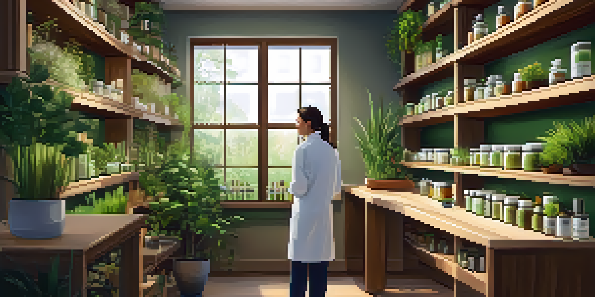 A peaceful naturopathic clinic featuring wooden interiors and green plants, with a practitioner consulting a patient about herbal remedies.