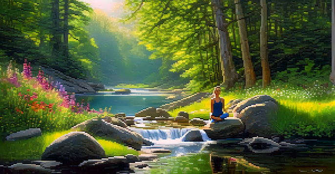 A peaceful forest scene with sunlight through leaves, a stream, wildflowers, and a person doing yoga on a rock, symbolizing a connection to health and nature.