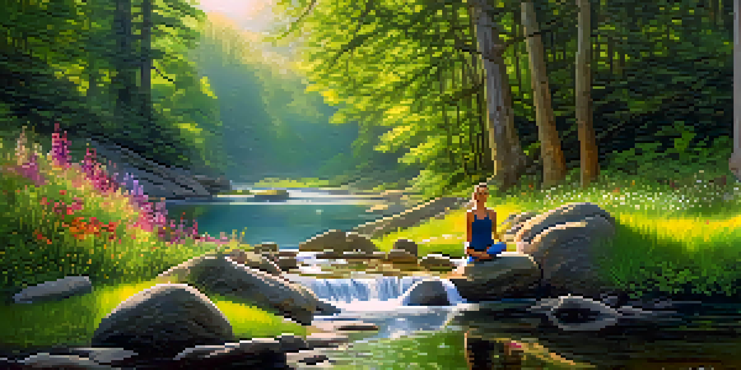 A peaceful forest scene with sunlight through leaves, a stream, wildflowers, and a person doing yoga on a rock, symbolizing a connection to health and nature.