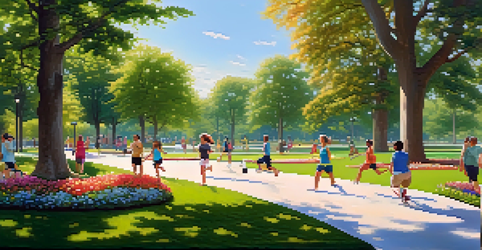 A park with people of different ethnicities exercising, surrounded by green trees and flowers under a clear blue sky.