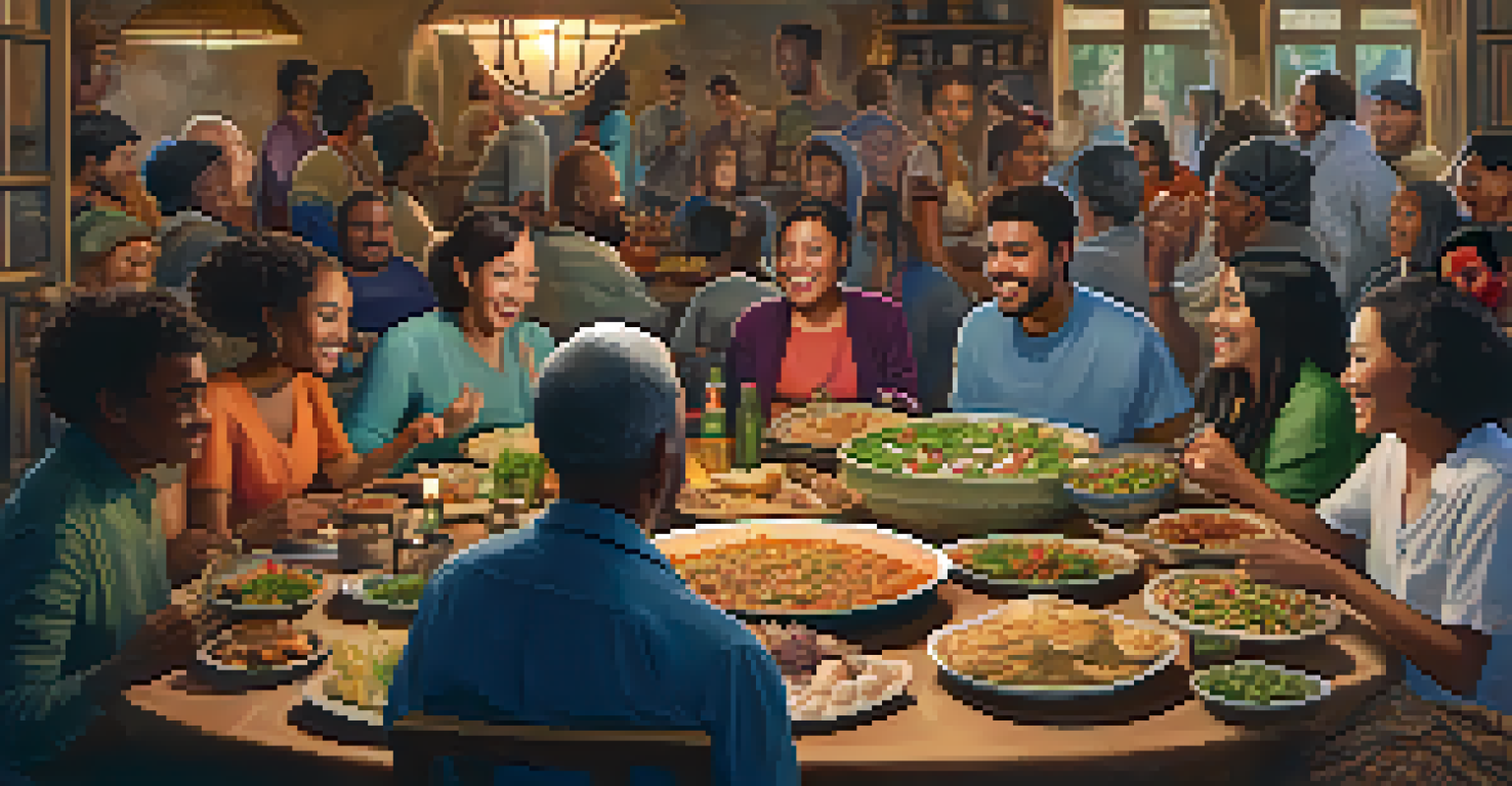 A diverse group of people sharing a meal around a large table, celebrating with various cultural dishes in a warm, inviting atmosphere.