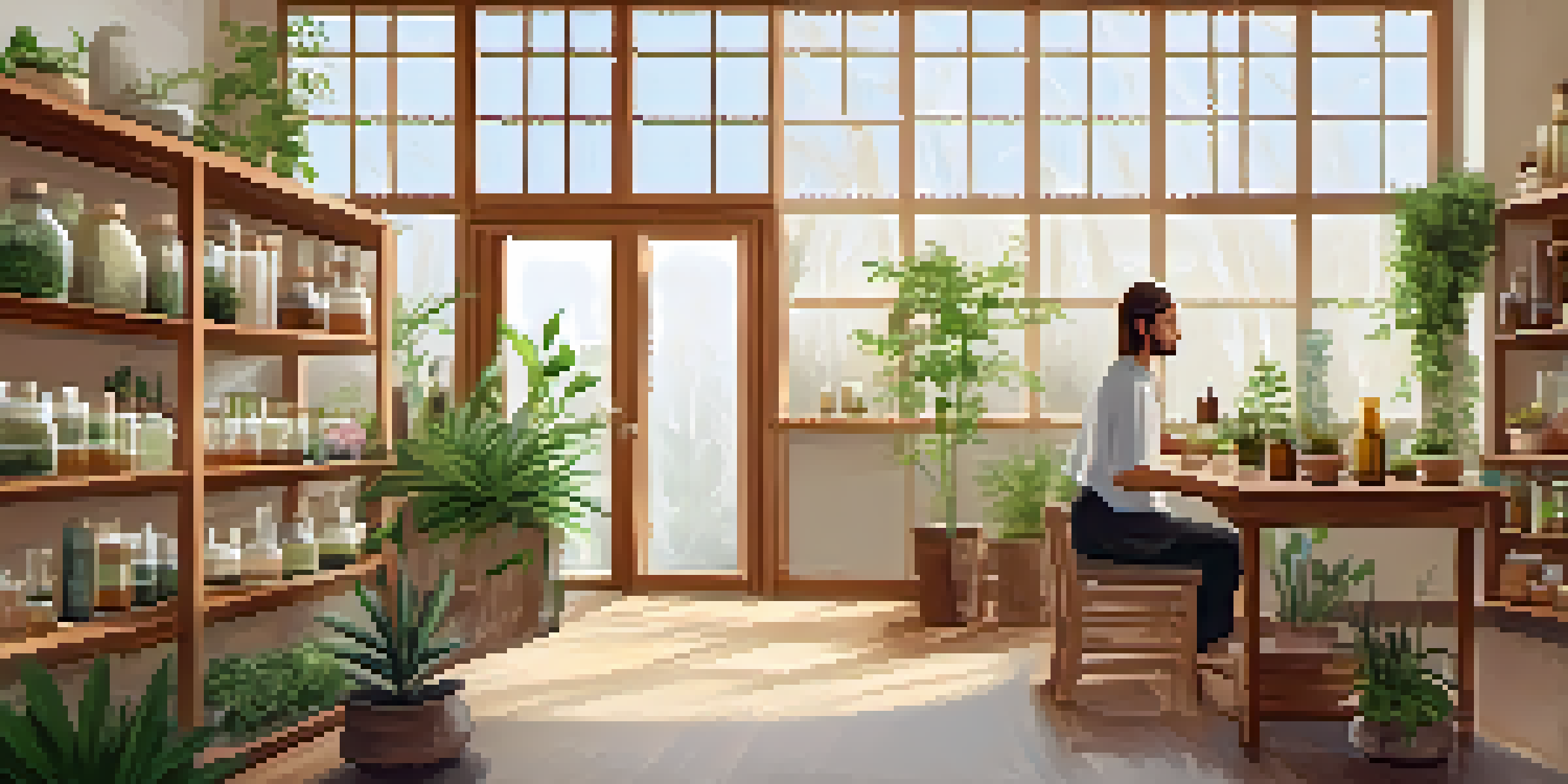 A bright and peaceful naturopathy clinic with a naturopath consulting a patient in a cozy environment filled with plants and herbal remedies.