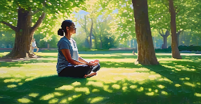 A person meditating in a peaceful park, surrounded by trees and flowers, with sunlight filtering through the leaves.