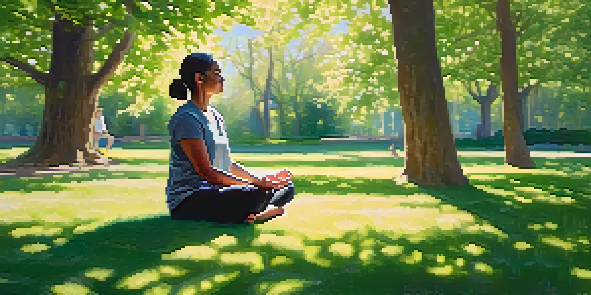A person meditating in a peaceful park, surrounded by trees and flowers, with sunlight filtering through the leaves.