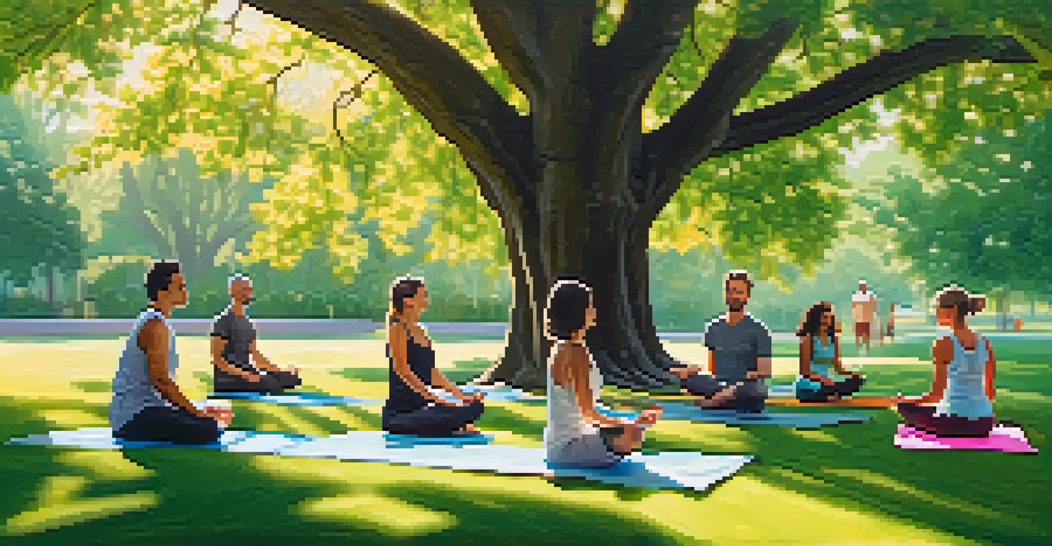 A peaceful outdoor yoga session in a park with diverse participants practicing under trees.