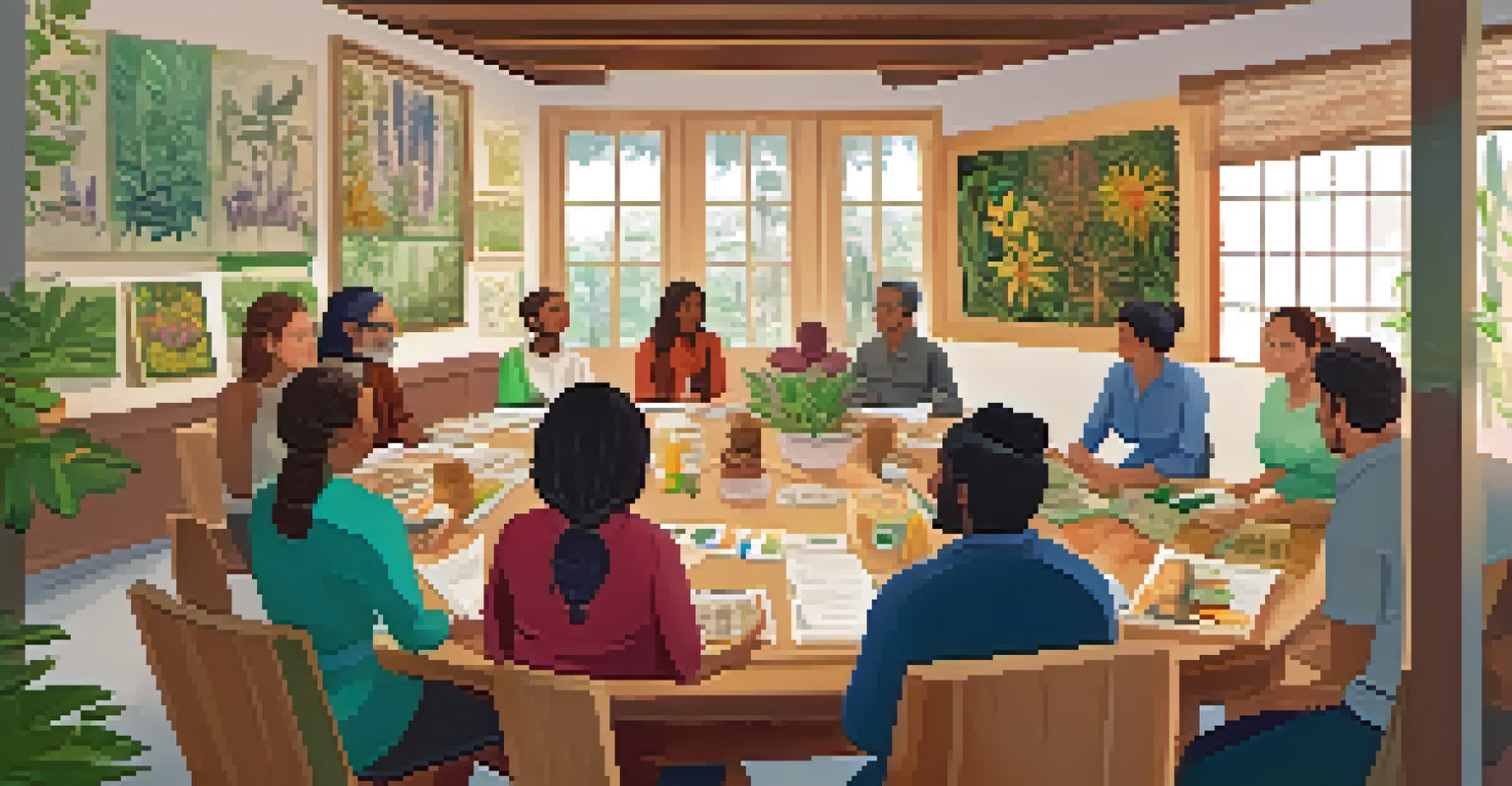 A workshop room with a diverse group of people attending a naturopathy seminar, surrounded by natural decor and educational materials, with a facilitator leading the session.