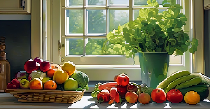 A bright and inviting kitchen filled with colorful fruits and vegetables on a wooden cutting board, with sunlight streaming through a window.