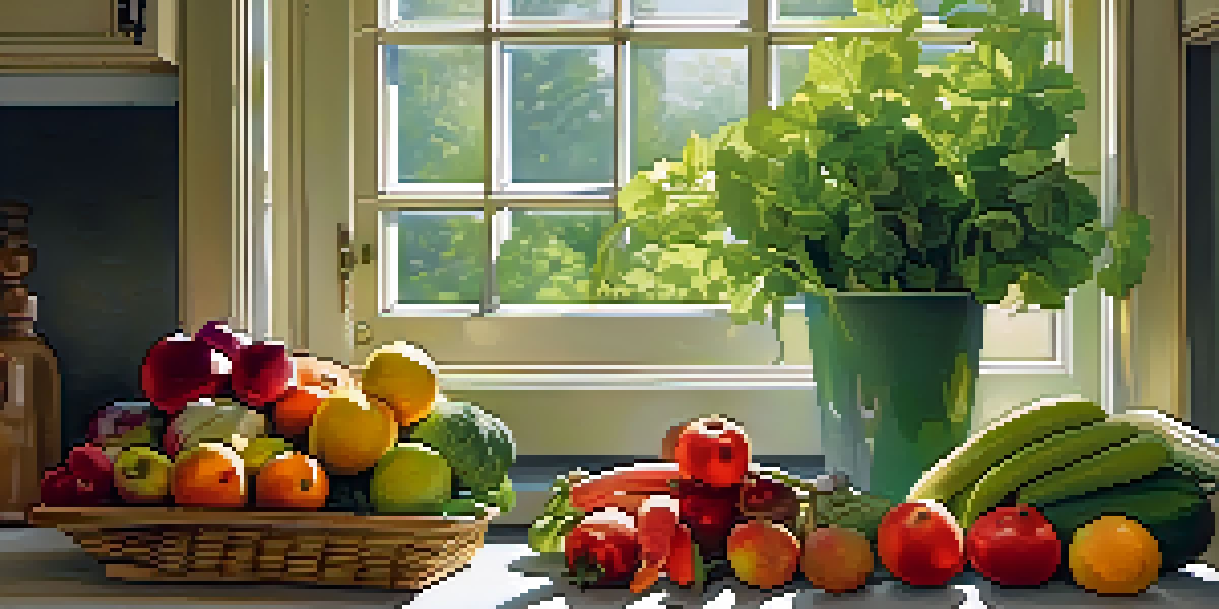 A bright and inviting kitchen filled with colorful fruits and vegetables on a wooden cutting board, with sunlight streaming through a window.