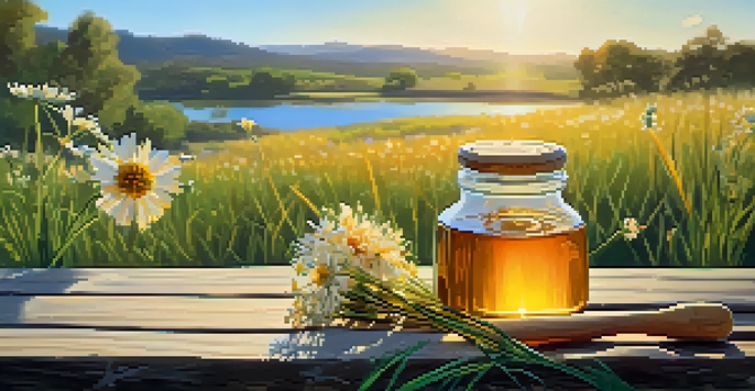 A sunny meadow filled with colorful wildflowers and a honey jar with a dipper on a wooden table.