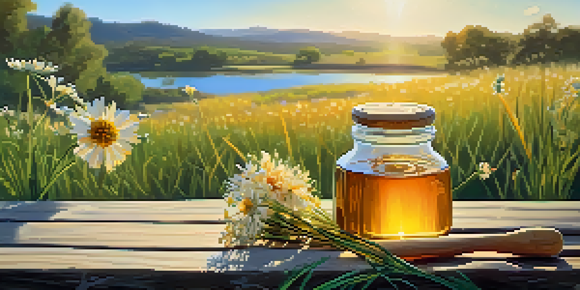 A sunny meadow filled with colorful wildflowers and a honey jar with a dipper on a wooden table.
