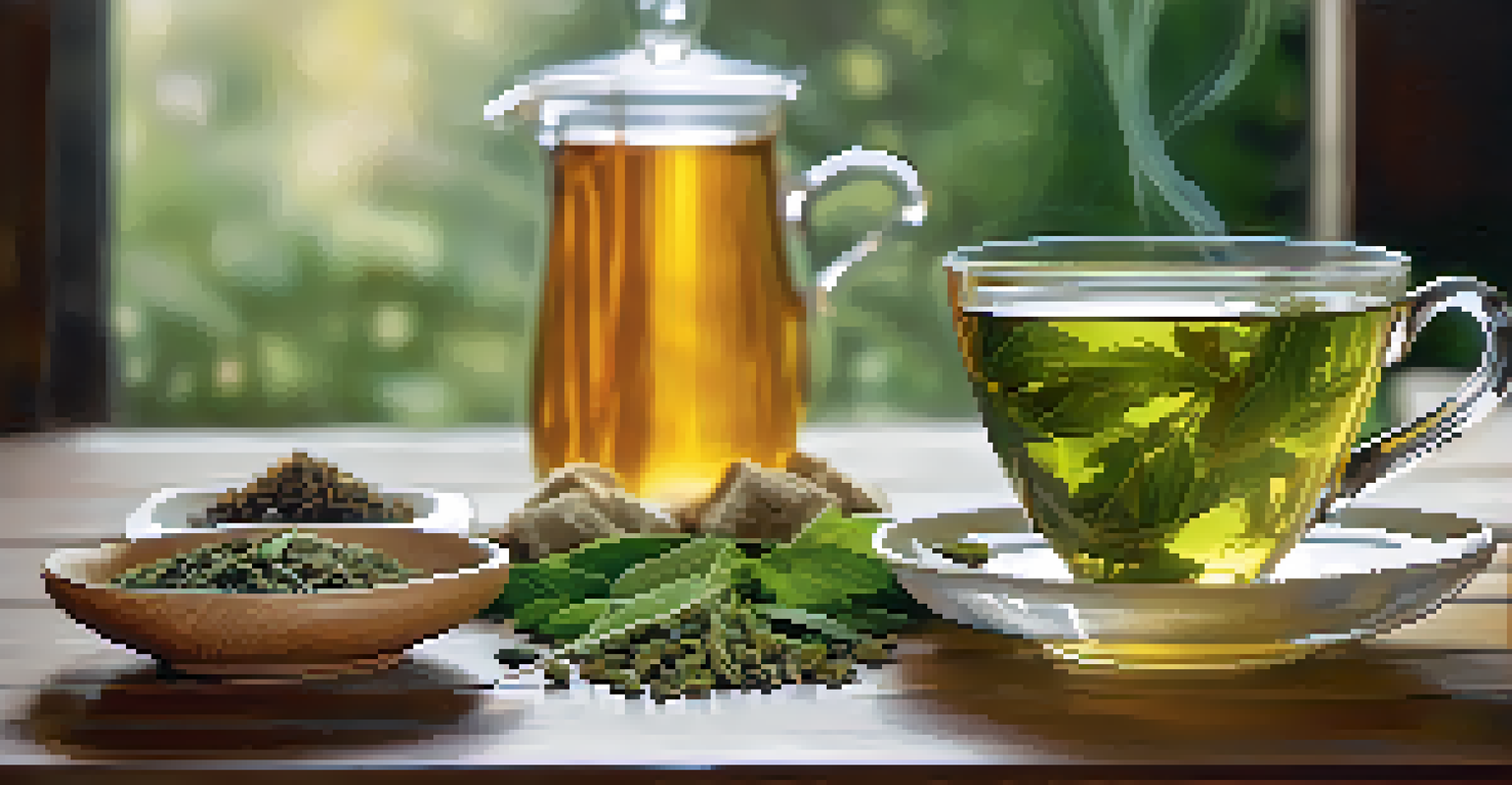 An array of herbal teas and herbs on a table, with a steaming cup of green tea in the foreground.