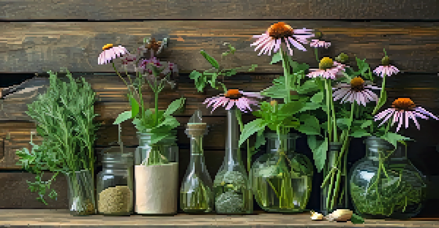 An artistic arrangement of herbs including echinacea, peppermint, and garlic on a rustic wooden background with natural lighting.