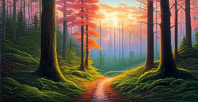 A tranquil forest scene at dusk with tall trees and a vibrant sunset, featuring a winding path and lush green moss on the ground.