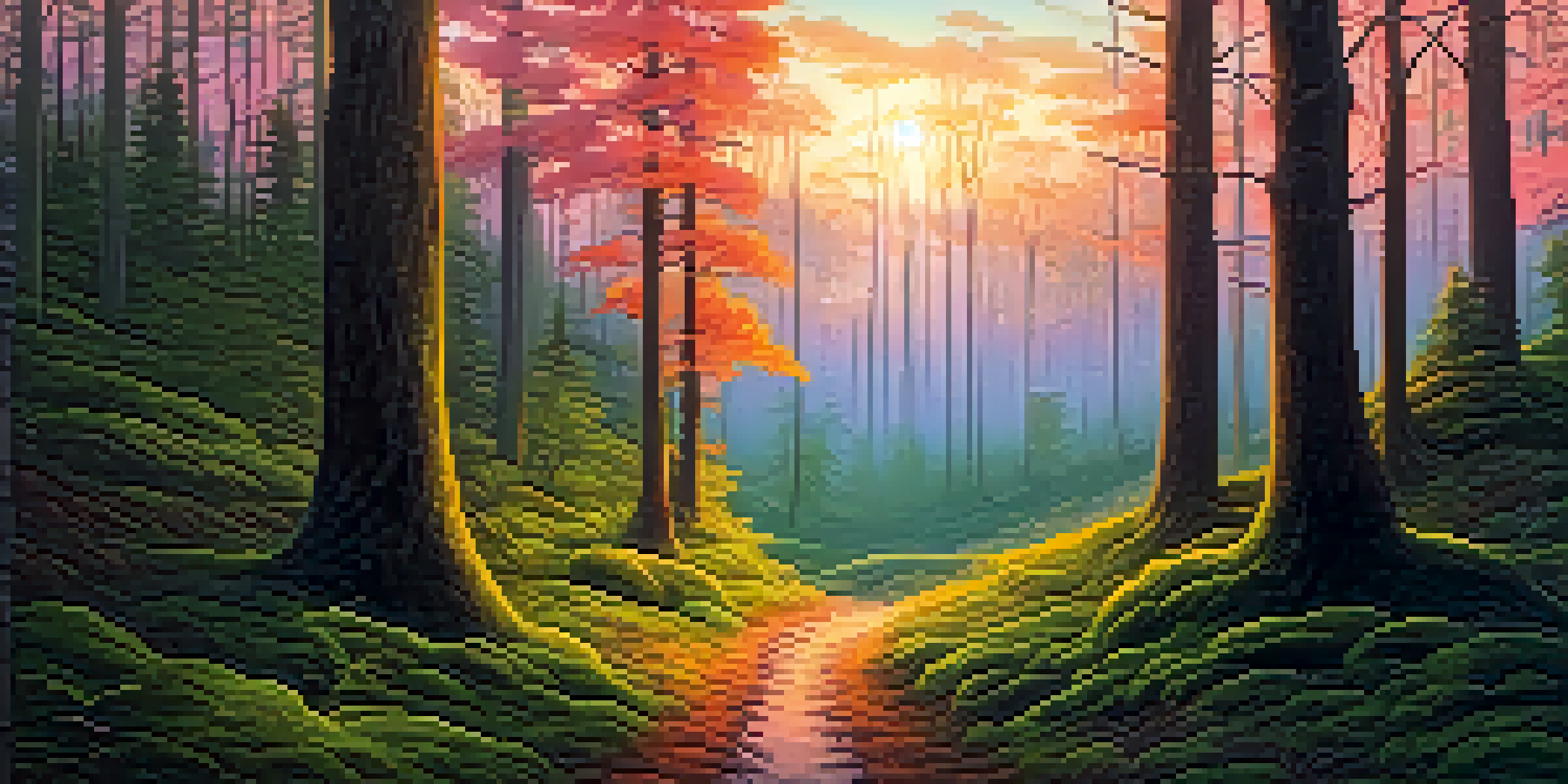 A tranquil forest scene at dusk with tall trees and a vibrant sunset, featuring a winding path and lush green moss on the ground.
