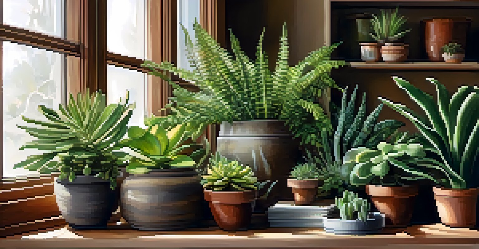 A cozy indoor space featuring a collection of green plants on a shelf, illuminated by warm sunlight from a window.