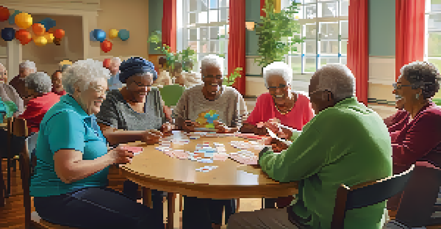 A lively group of seniors playing cards in a colorful community center, filled with laughter and sunlight.