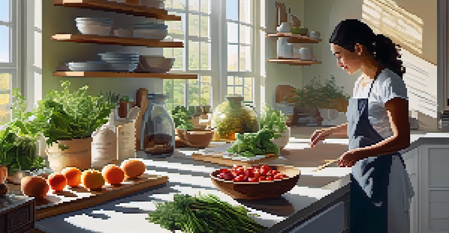 A kitchen with a person preparing a healthy meal, surrounded by fresh ingredients, herbs, and sunlight streaming through the window.