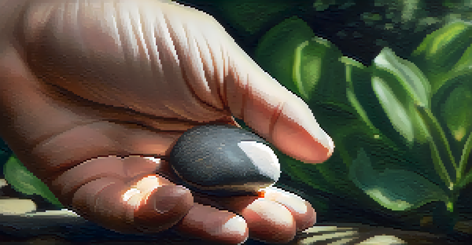 A hand holding a smooth stone against a blurred green background, representing grounding in mindfulness.