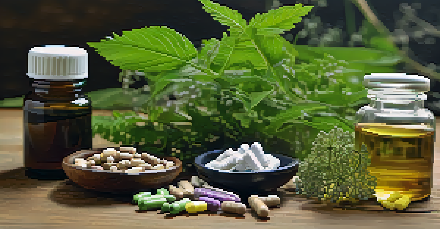 An arrangement of herbal supplements like valerian root, magnesium, and melatonin on a wooden surface with greenery in the background.