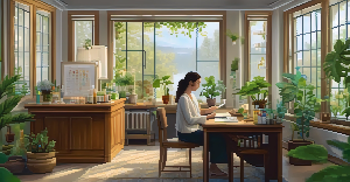 A cozy homeopathy consultation room with a practitioner and patient discussing remedies amidst natural light and greenery.