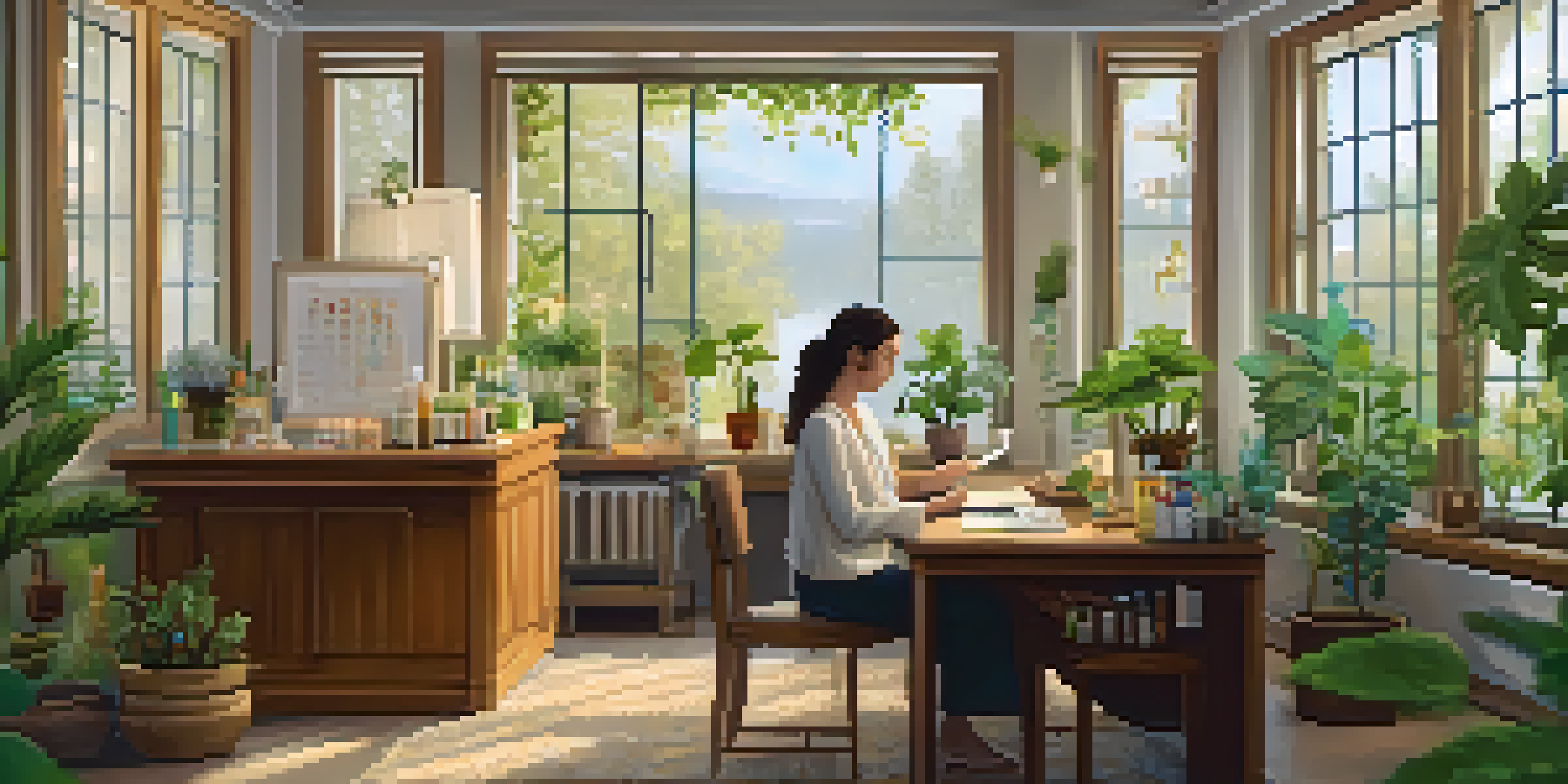 A cozy homeopathy consultation room with a practitioner and patient discussing remedies amidst natural light and greenery.
