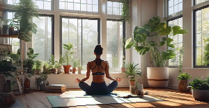 A person practicing yoga in a calm indoor space, surrounded by plants and wellness items, with soft natural light coming through the window.