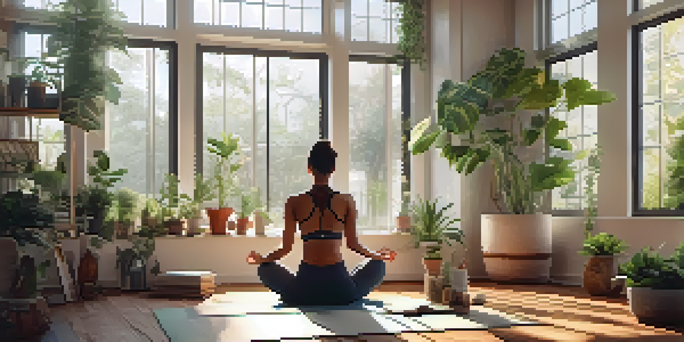 A person practicing yoga in a calm indoor space, surrounded by plants and wellness items, with soft natural light coming through the window.