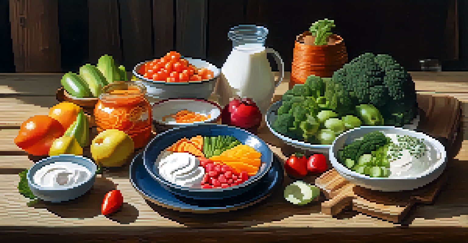 A colorful plate of whole foods including fruits, vegetables, and fermented products, arranged on a wooden table.