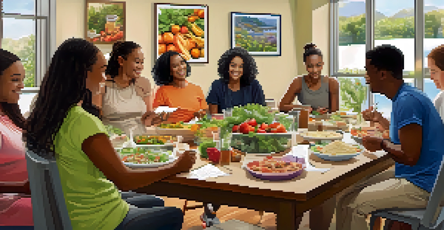 A diverse group of people participating in a community wellness workshop focused on nutrition, seated around a table with healthy food options.