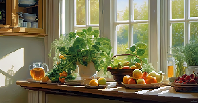 A bright kitchen with a wooden table full of fresh fruits, vegetables, and herbs, alongside a steaming glass of herbal tea and green plants in the background.