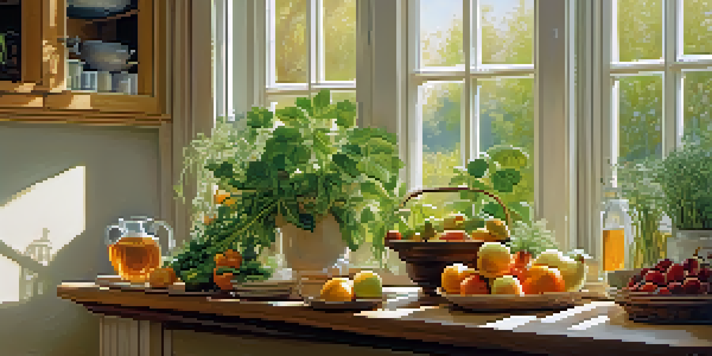 A bright kitchen with a wooden table full of fresh fruits, vegetables, and herbs, alongside a steaming glass of herbal tea and green plants in the background.