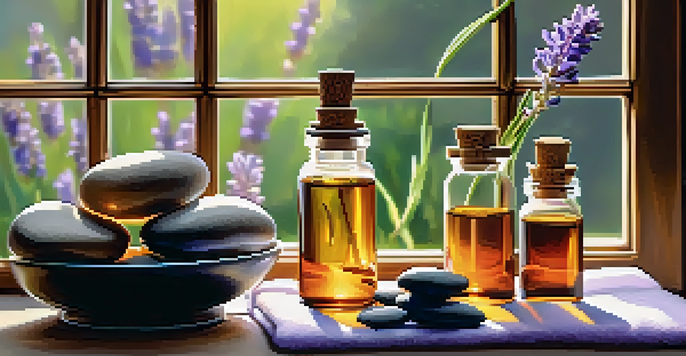 A peaceful spa scene with essential oil bottles, lavender sprigs, and smooth stones on a wooden table, illuminated by soft natural light.