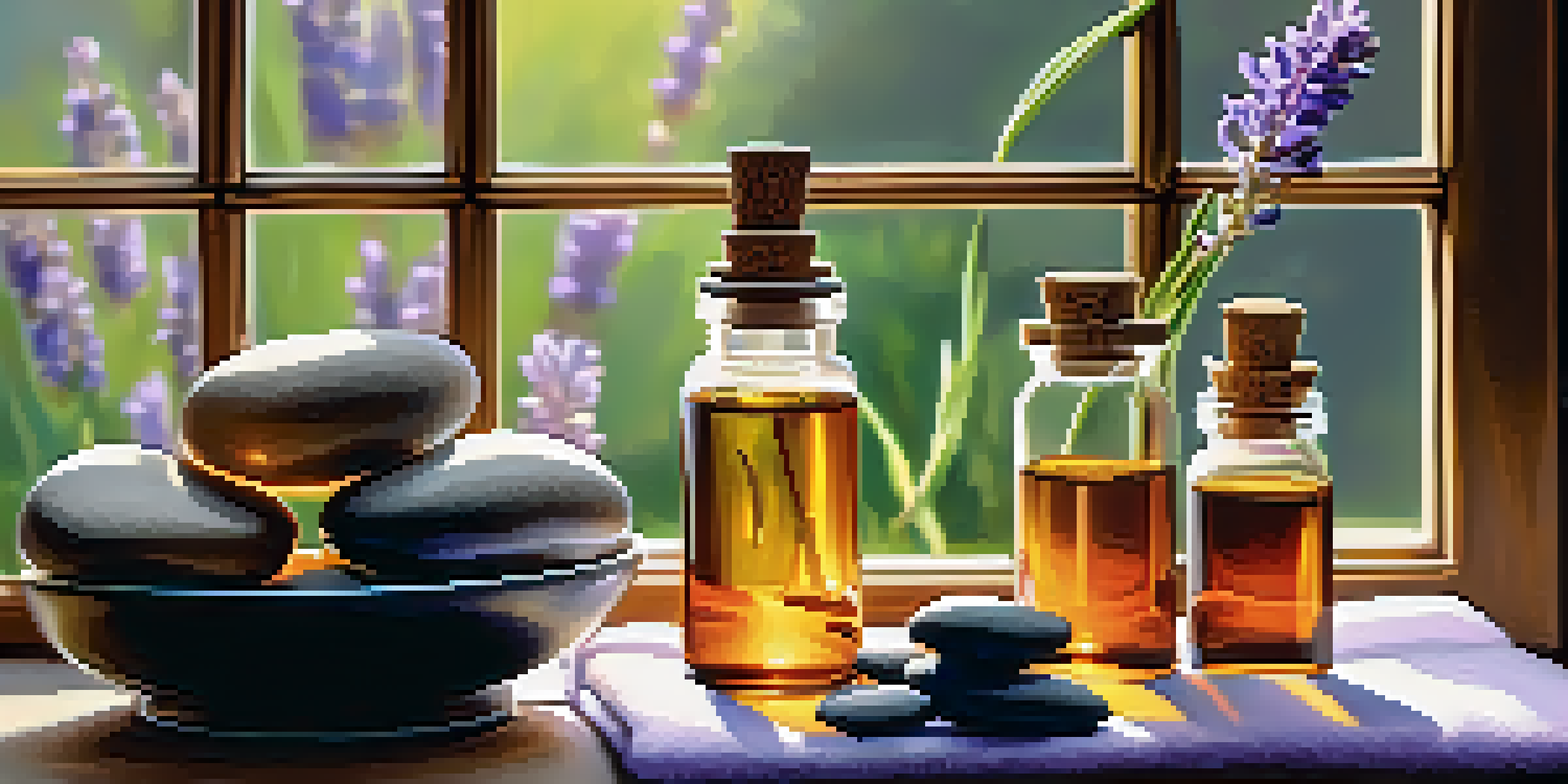 A peaceful spa scene with essential oil bottles, lavender sprigs, and smooth stones on a wooden table, illuminated by soft natural light.