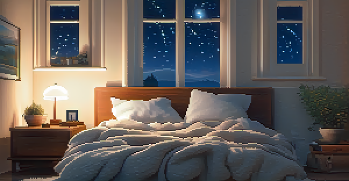A cozy bedroom with a made bed, ambient lighting, a cup of tea, and a starry night visible through the window.